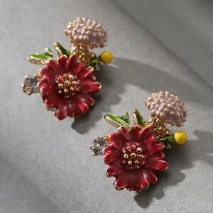Red Enamel Wildflower Statement Earrings Gold Tone Floral NWT